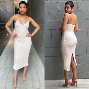 MELISSA TAUPE STRAPPY MIDI DRESS